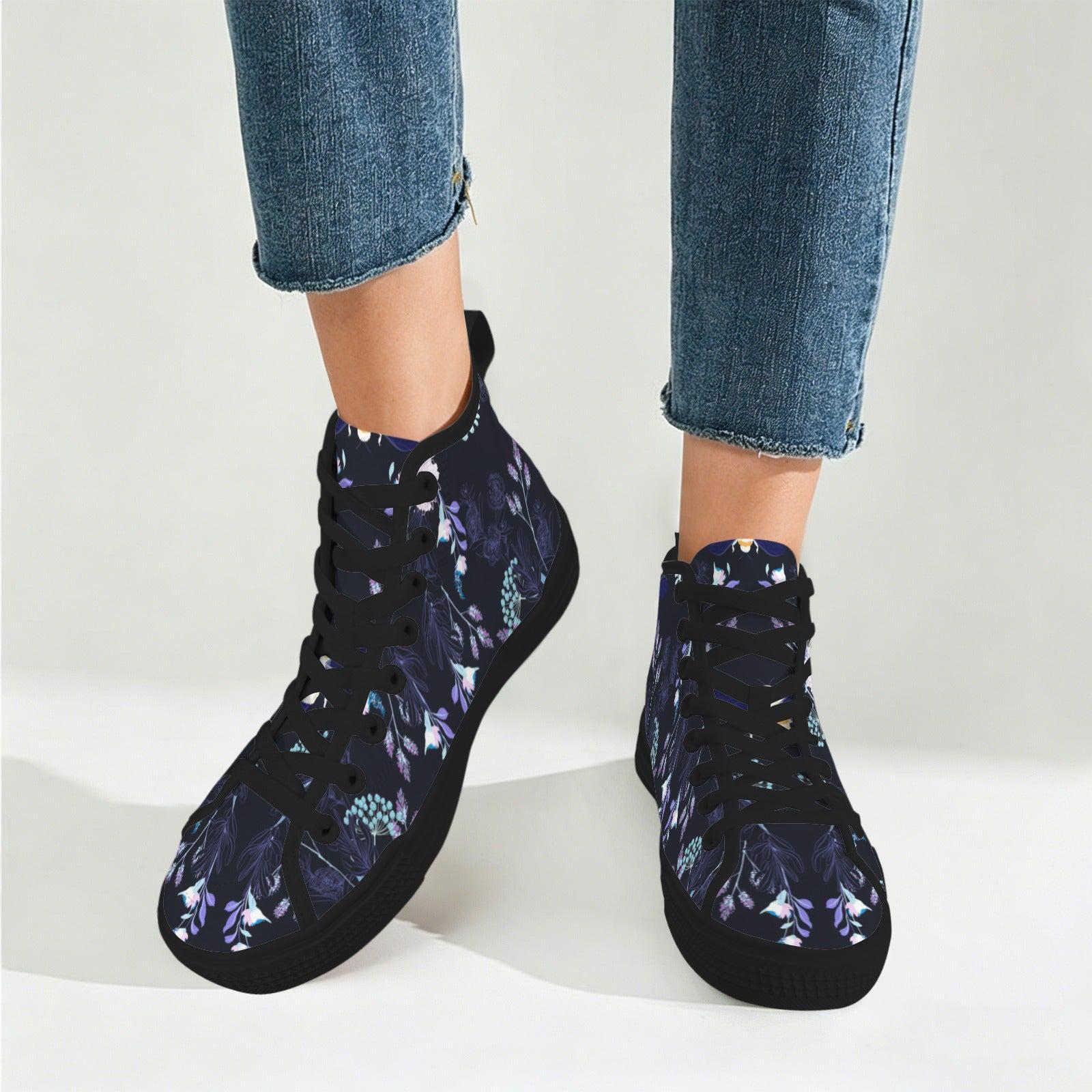 Dark Floral High Top Canvas Sneakers, Navy Blue Whimsigoth Wildflower Shoes