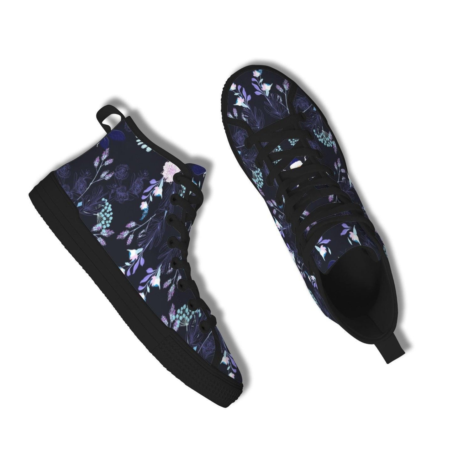 Dark Floral High Top Canvas Sneakers, Navy Blue Whimsigoth Wildflower Shoes