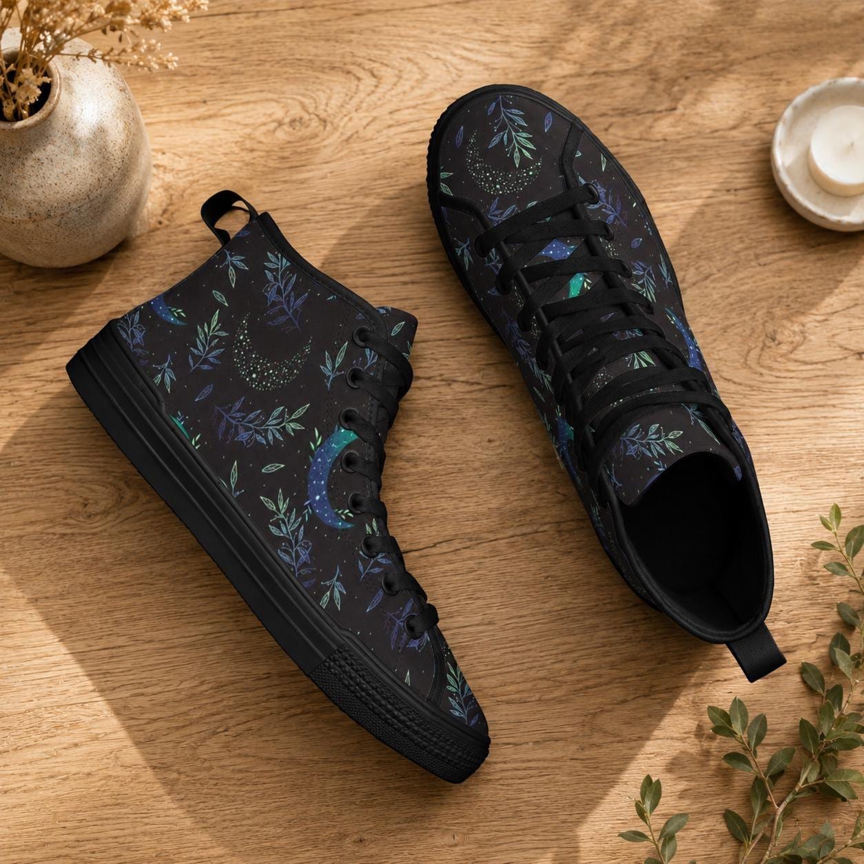 Crescent Moon Botanical High Top Sneakers, Celestial Witchy Canvas Shoes