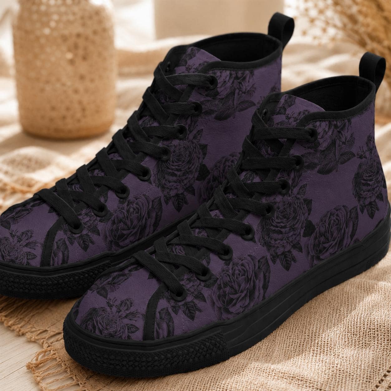 Dark Floral High Top Sneakers, Moody Botanical Canvas Shoes, Whimsigoth Lace Up Tops