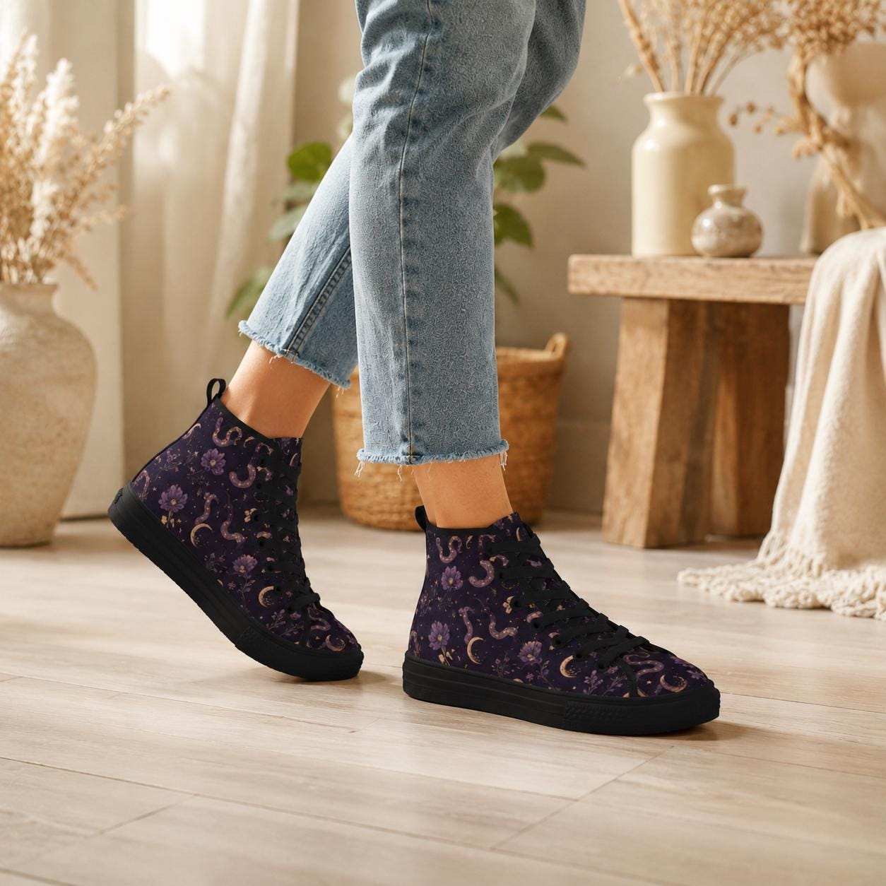Celestial High Top Sneakers, Moon Star Snake Print Canvas Shoes, Witchy Festival Wear