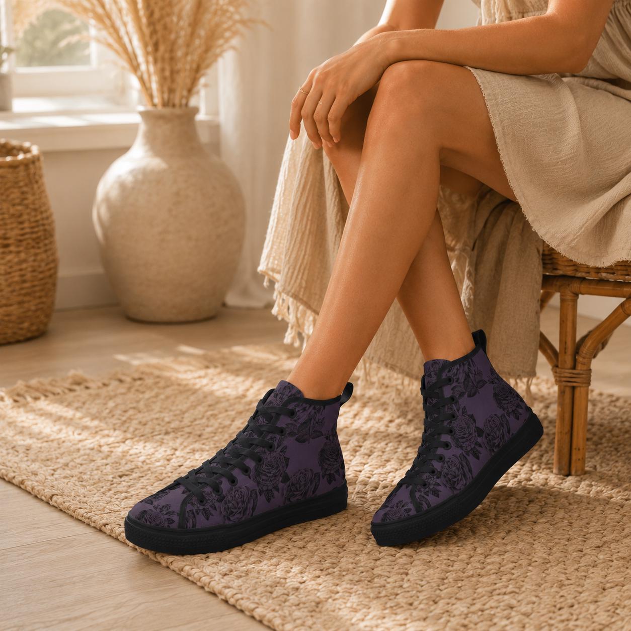 Dark Floral High Top Sneakers, Moody Botanical Canvas Shoes, Whimsigoth Lace Up Tops