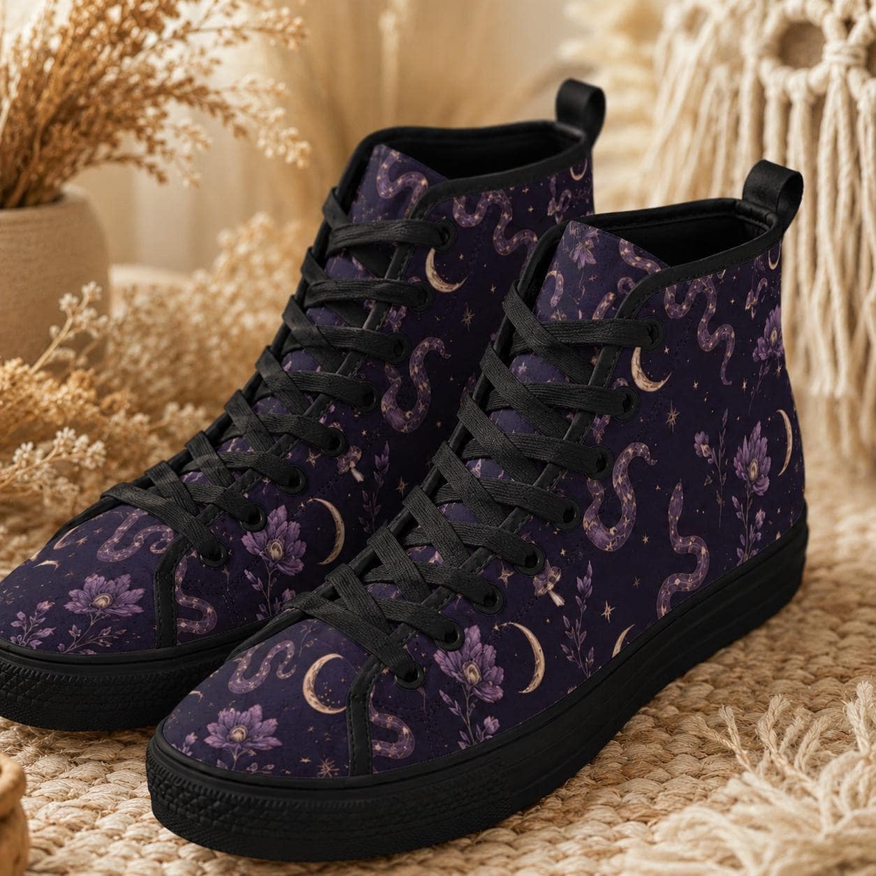 Celestial High Top Sneakers, Moon Star Snake Print Canvas Shoes, Witchy Festival Wear