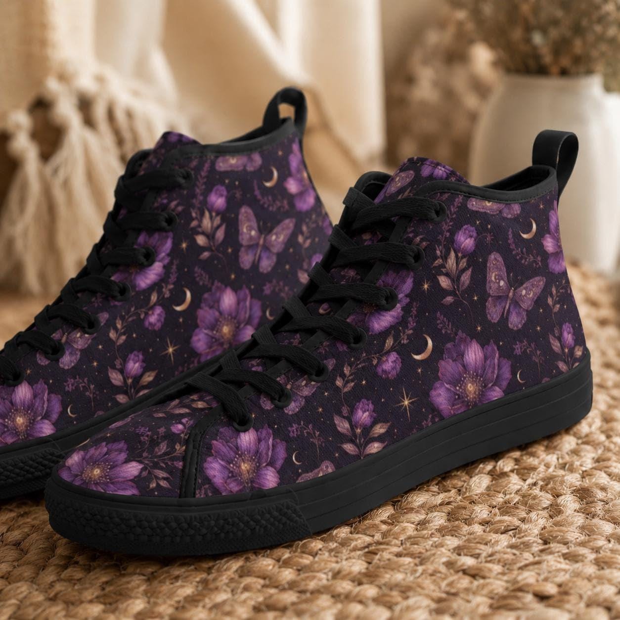 Purple Floral Moth Moon High Top Sneakers, Witchy Celestial Canvas Shoes