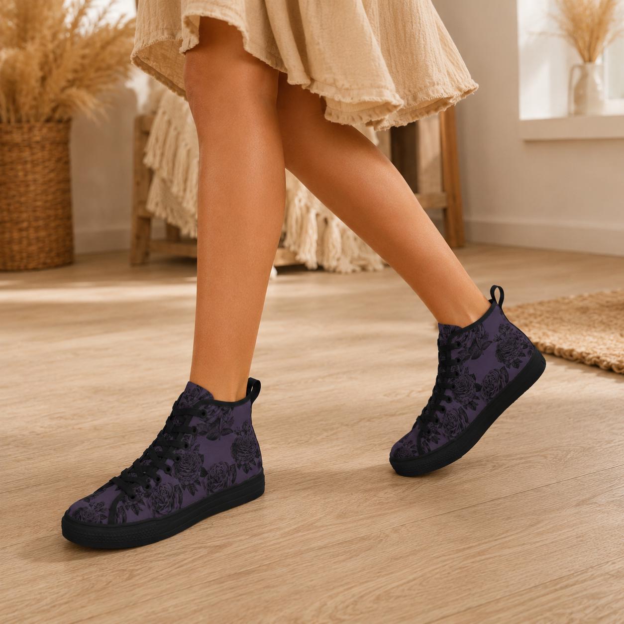 Dark Floral High Top Sneakers, Moody Botanical Canvas Shoes, Whimsigoth Lace Up Tops