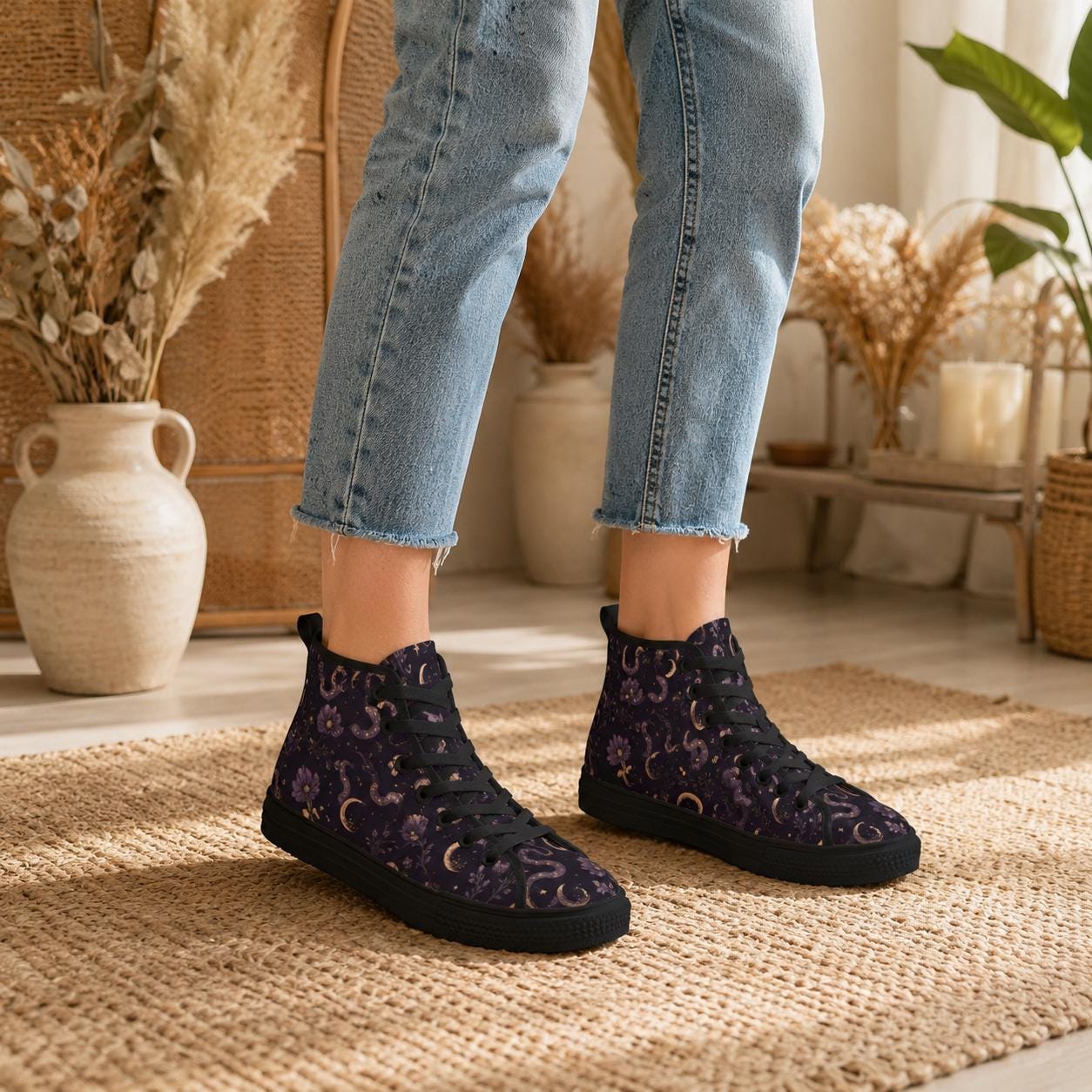Celestial High Top Sneakers, Moon Star Snake Print Canvas Shoes, Witchy Festival Wear
