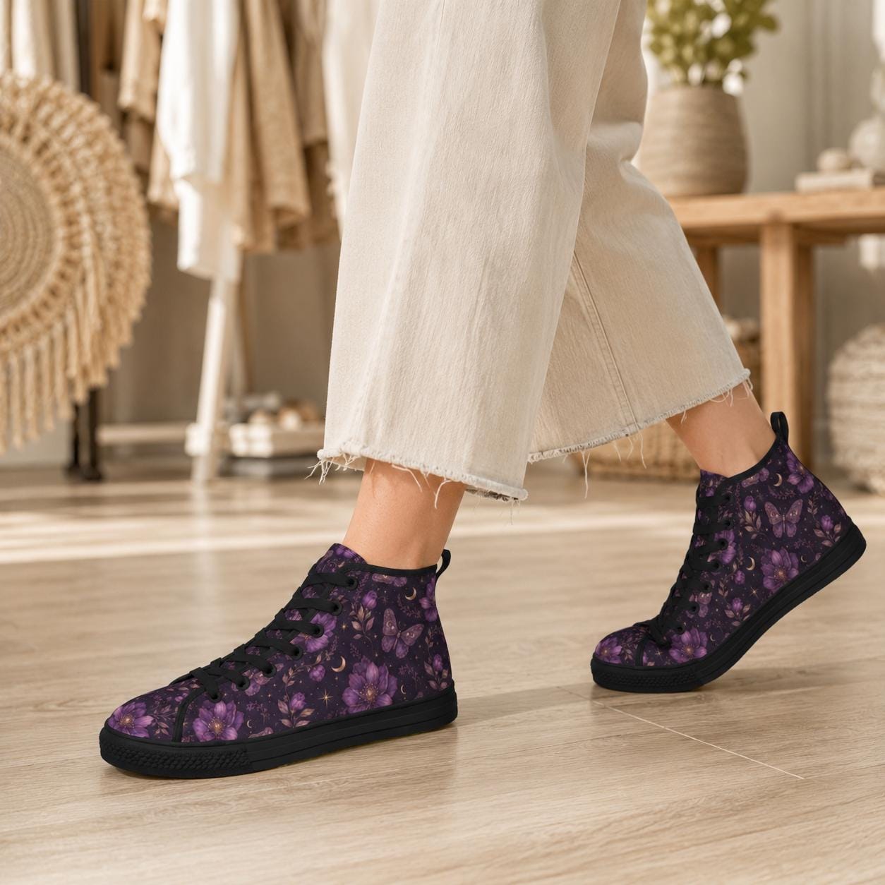 Purple Floral Moth Moon High Top Sneakers, Witchy Celestial Canvas Shoes