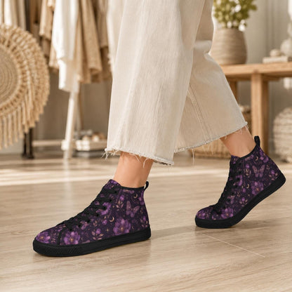 Purple Floral Moth Moon High Top Sneakers, Witchy Celestial Canvas Shoes