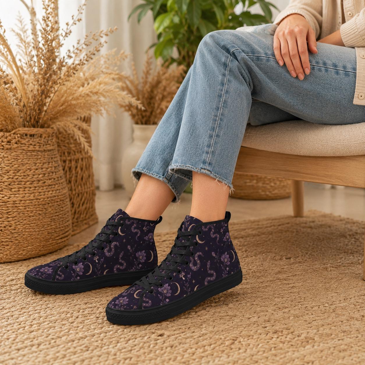 Celestial High Top Sneakers, Moon Star Snake Print Canvas Shoes, Witchy Festival Wear