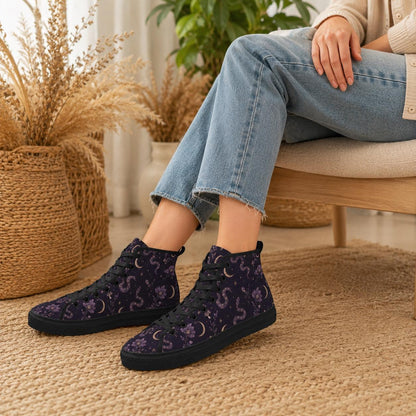 Celestial High Top Sneakers, Moon Star Snake Print Canvas Shoes, Witchy Festival Wear