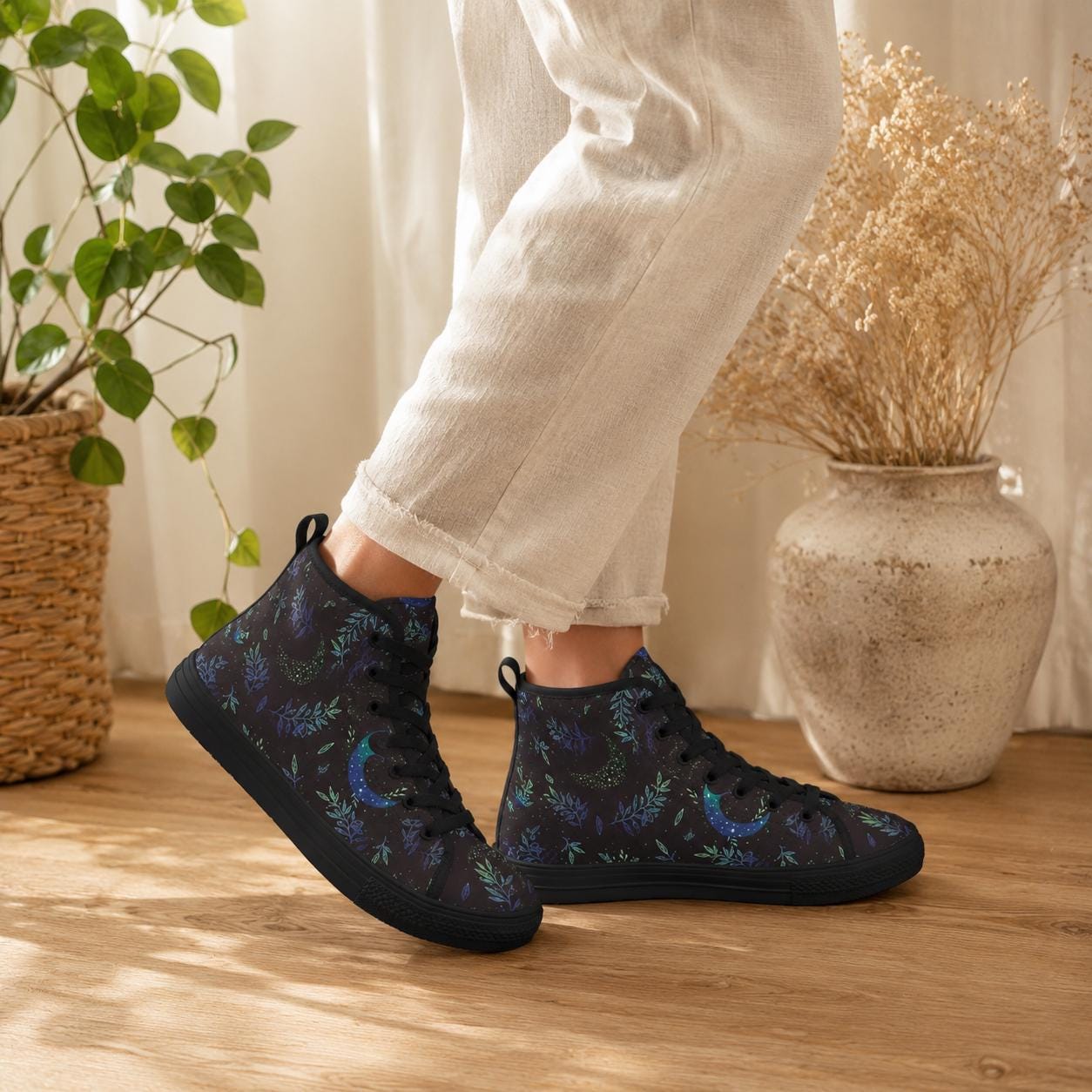 Crescent Moon Botanical High Top Sneakers, Celestial Witchy Canvas Shoes