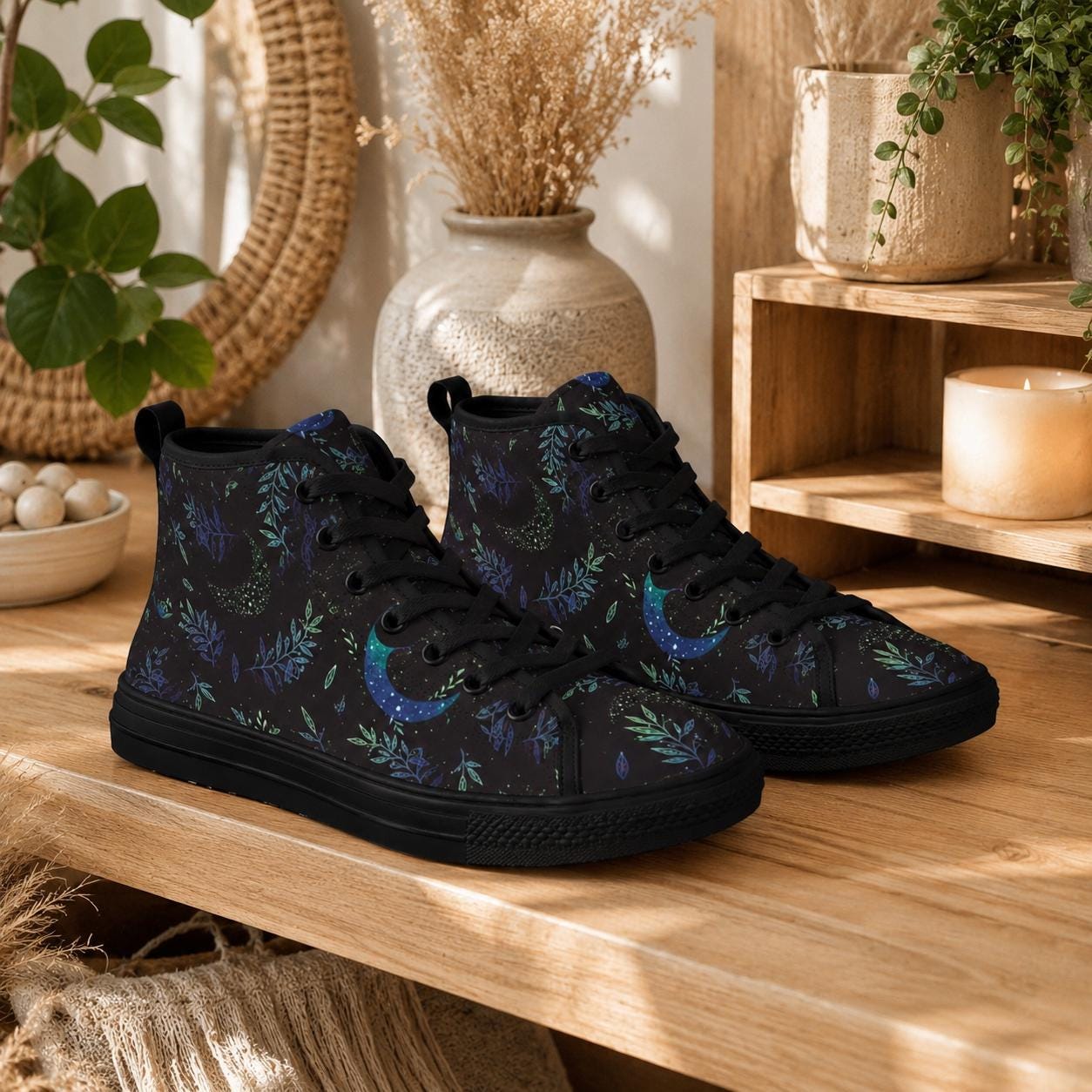 Crescent Moon Botanical High Top Sneakers, Celestial Witchy Canvas Shoes