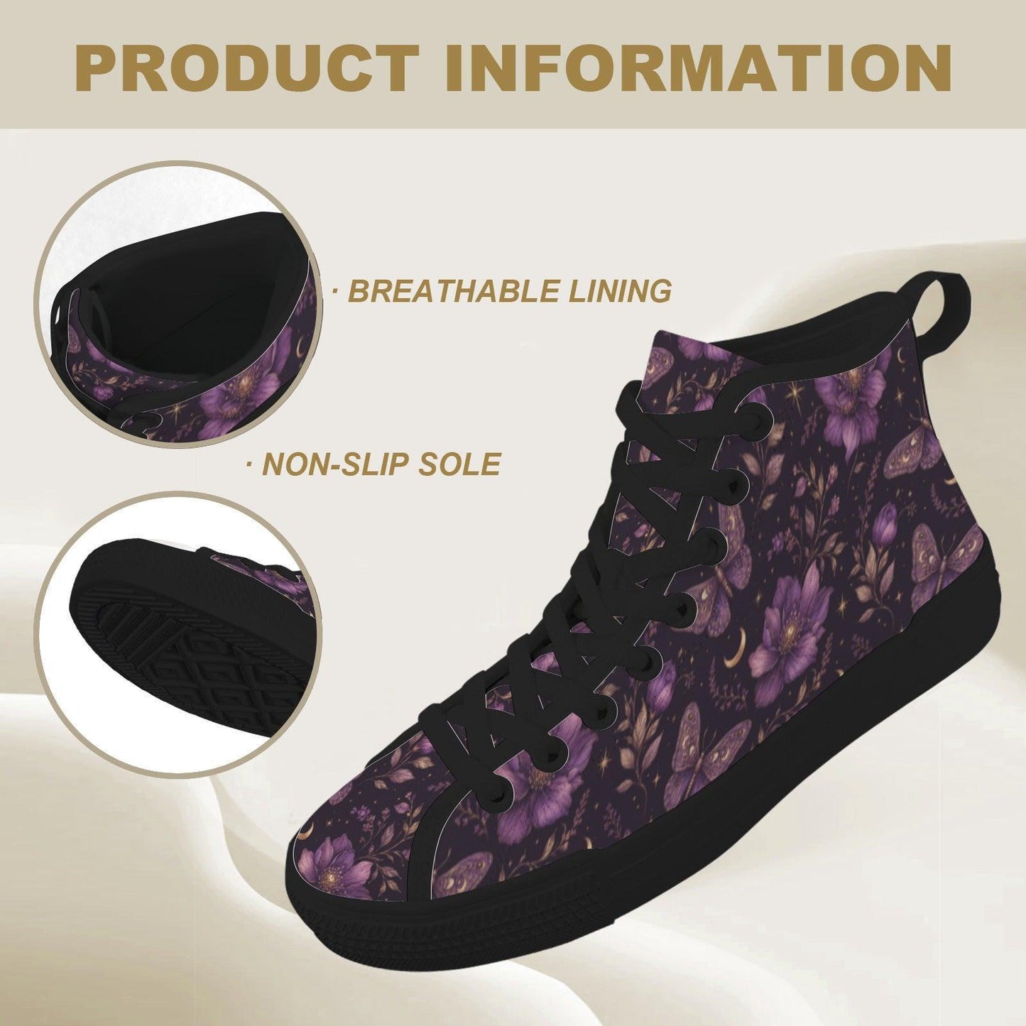 Purple Floral Moth Moon High Top Sneakers, Witchy Celestial Canvas Shoes