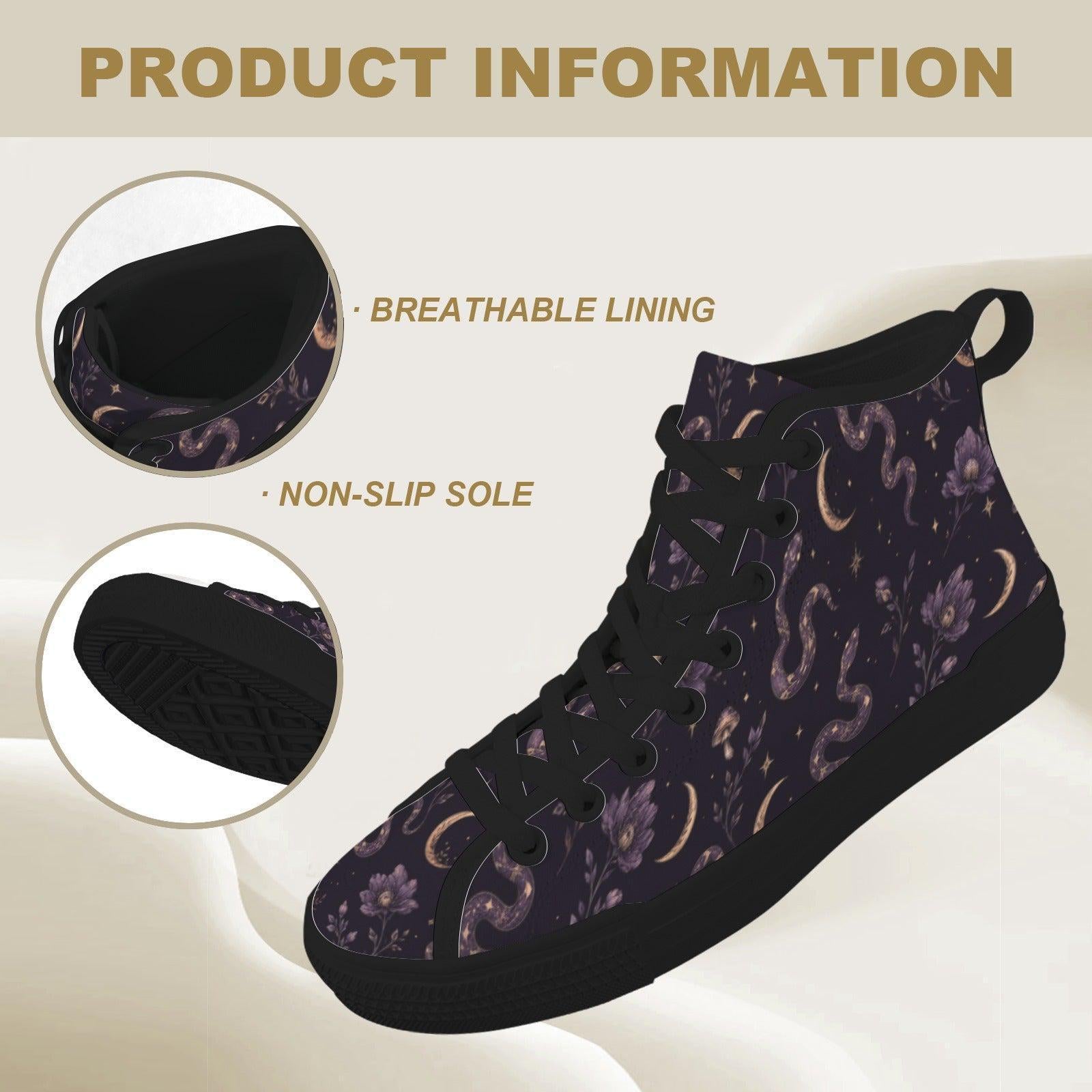 Celestial High Top Sneakers, Moon Star Snake Print Canvas Shoes, Witchy Festival Wear