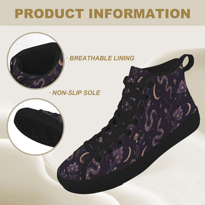 Celestial High Top Sneakers, Moon Star Snake Print Canvas Shoes, Witchy Festival Wear