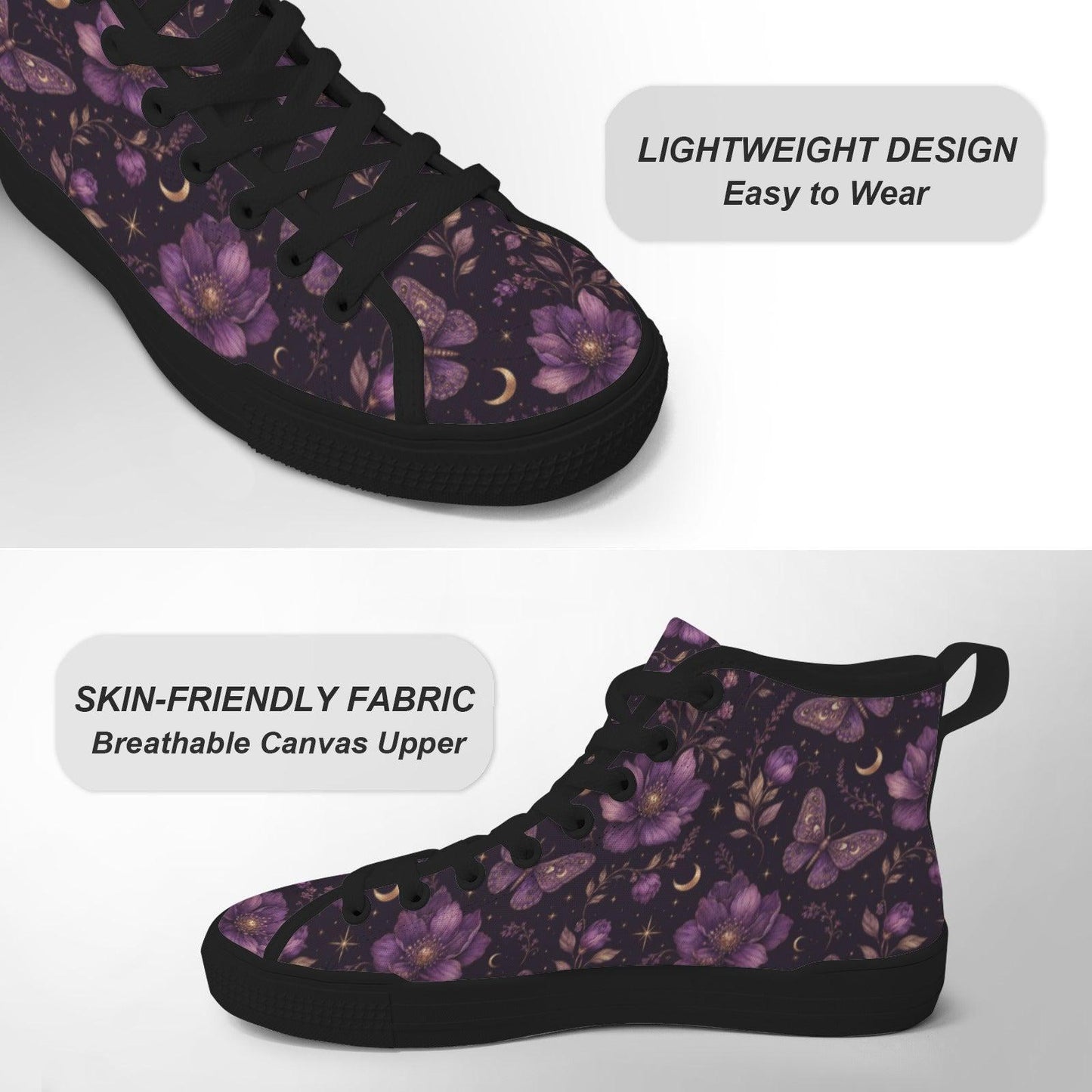 Purple Floral Moth Moon High Top Sneakers, Witchy Celestial Canvas Shoes