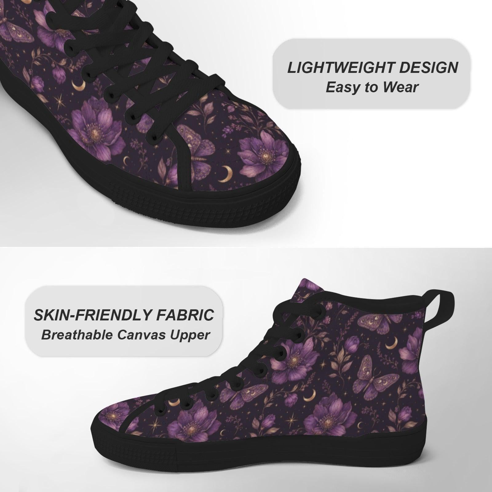 Purple Floral Moth Moon High Top Sneakers, Witchy Celestial Canvas Shoes