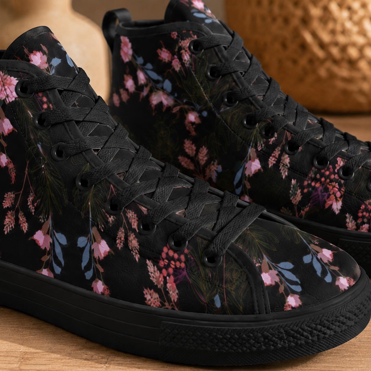 Black Floral High Tops, Dark Botanical Sneakers, Pink Flower Print, Cottagecore Lace Up Shoes
