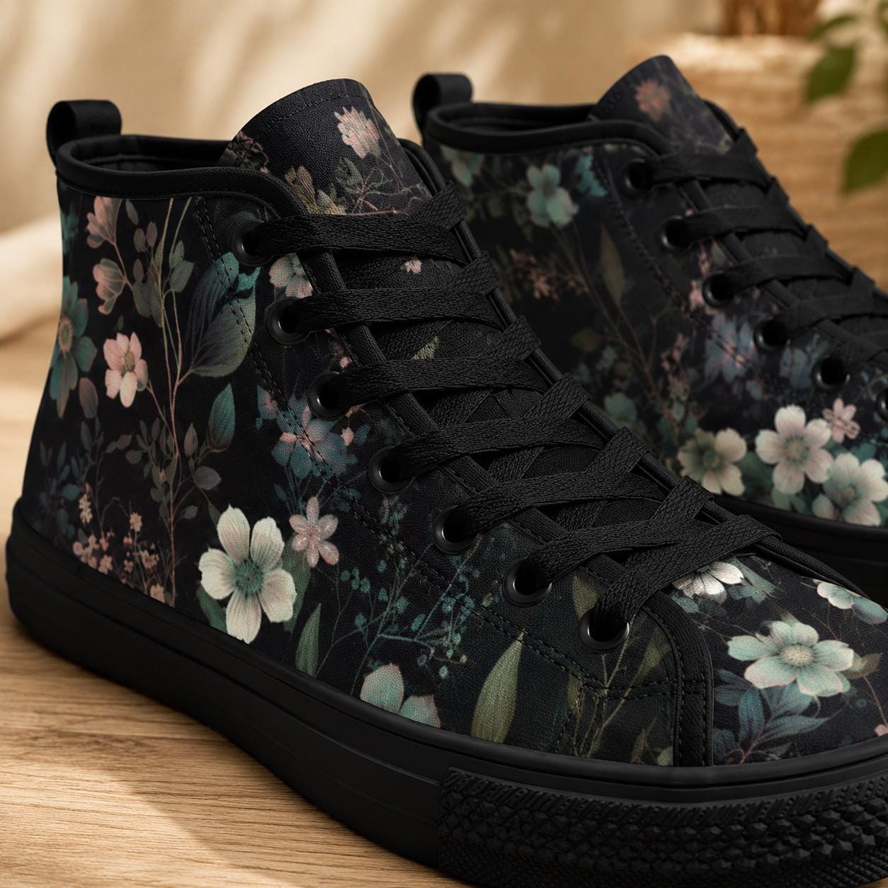 Dark Floral High Top Sneakers, Botanical Print Canvas Lace Up Shoes