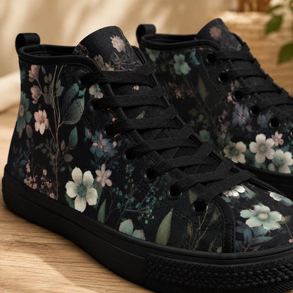 Dark Floral High Top Sneakers, Botanical Print Canvas Lace Up Shoes