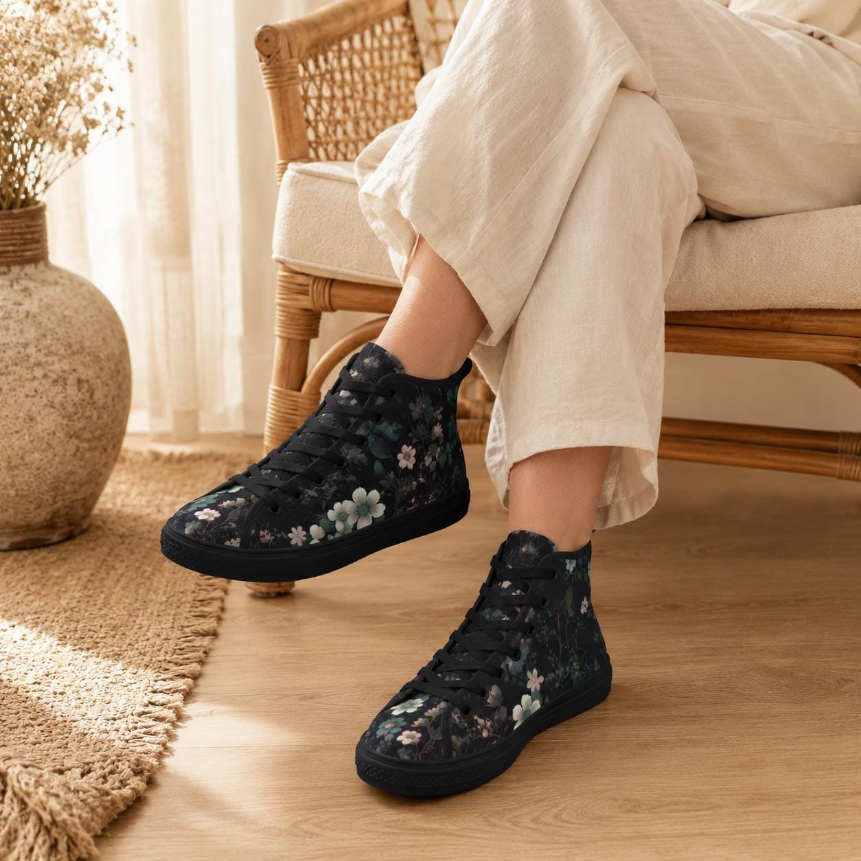 Dark Floral High Top Sneakers, Botanical Print Canvas Lace Up Shoes