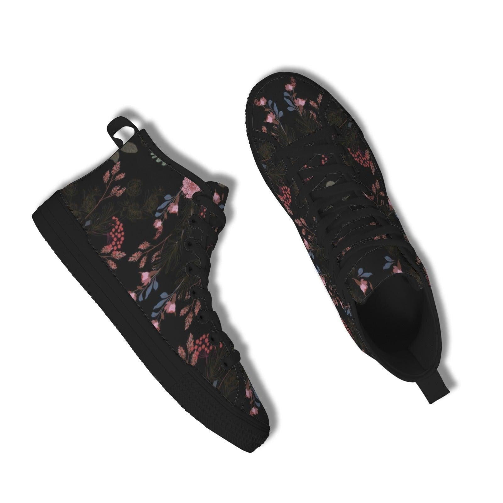 Black Floral High Tops, Dark Botanical Sneakers, Pink Flower Print, Cottagecore Lace Up Shoes