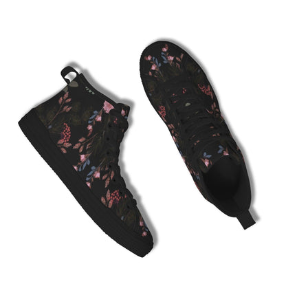 Black Floral High Tops, Dark Botanical Sneakers, Pink Flower Print, Cottagecore Lace Up Shoes