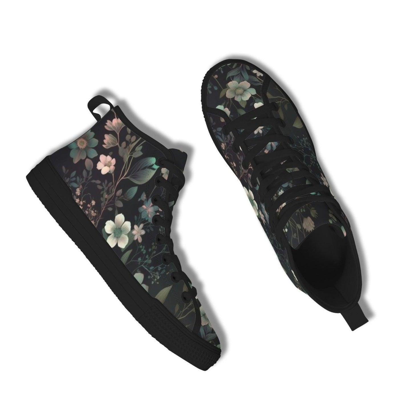Dark Floral High Top Sneakers, Botanical Print Canvas Lace Up Shoes