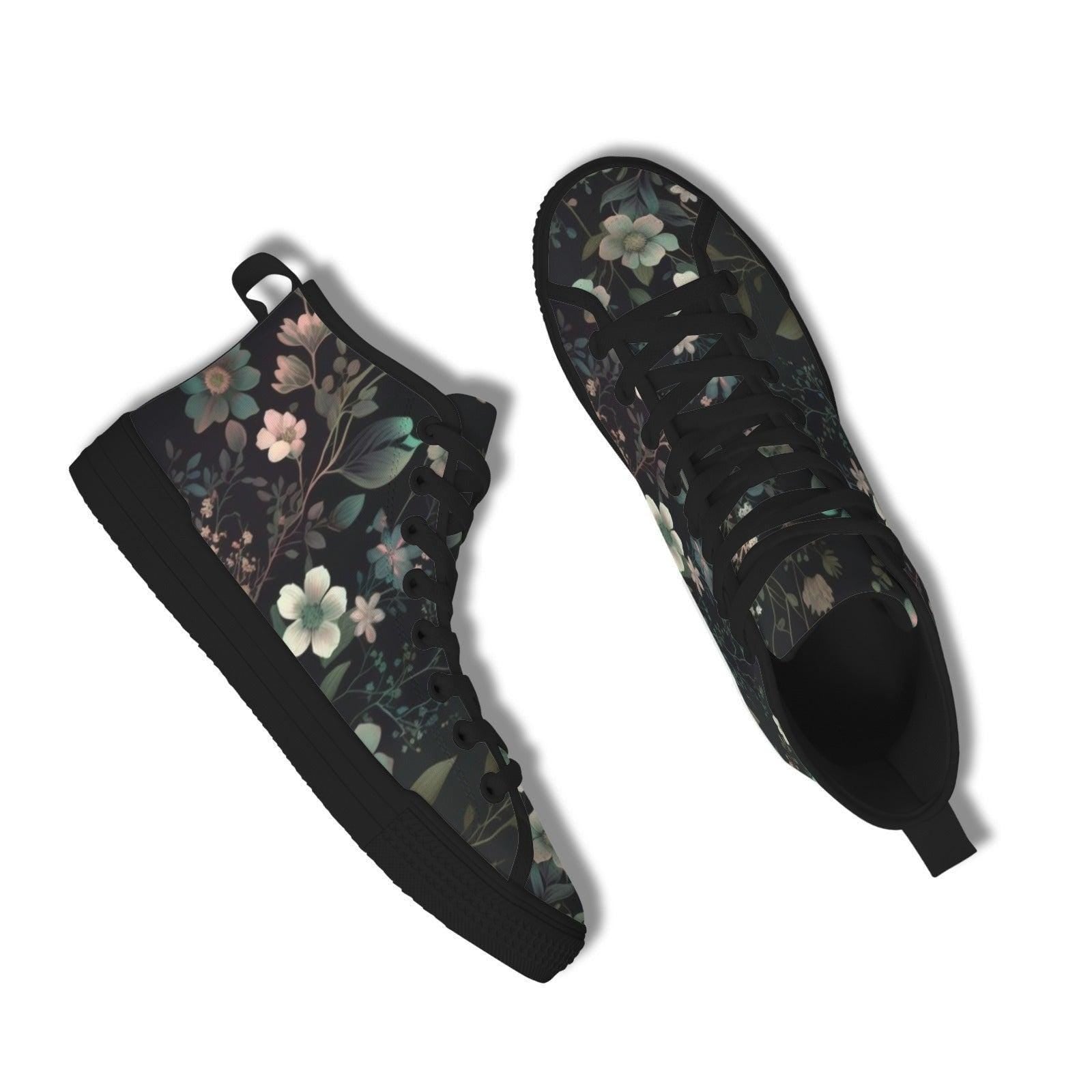Dark Floral High Top Sneakers, Botanical Print Canvas Lace Up Shoes
