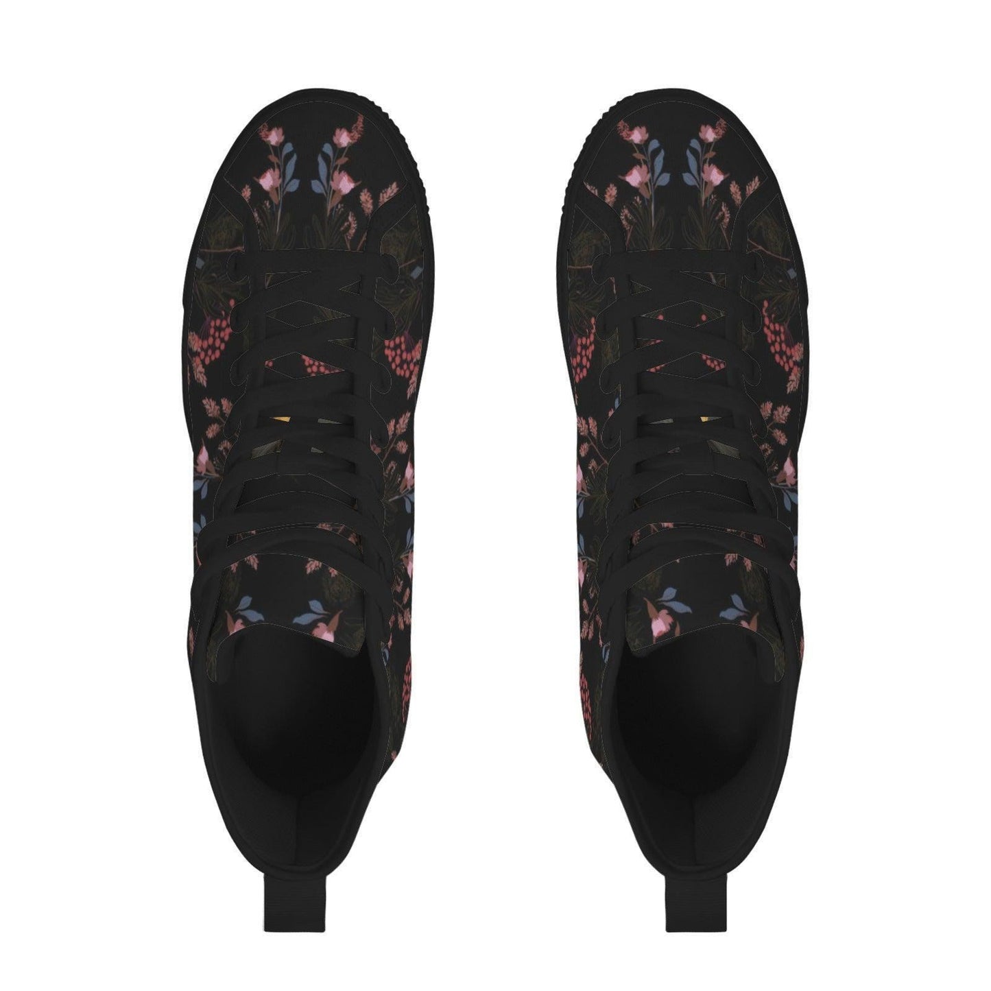 Black Floral High Tops, Dark Botanical Sneakers, Pink Flower Print, Cottagecore Lace Up Shoes
