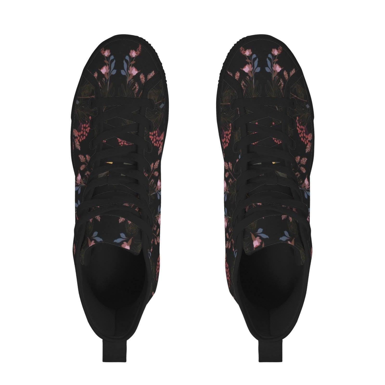 Black Floral High Tops, Dark Botanical Sneakers, Pink Flower Print, Cottagecore Lace Up Shoes