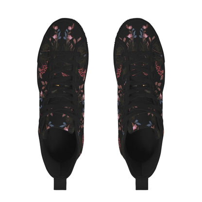 Black Floral High Tops, Dark Botanical Sneakers, Pink Flower Print, Cottagecore Lace Up Shoes