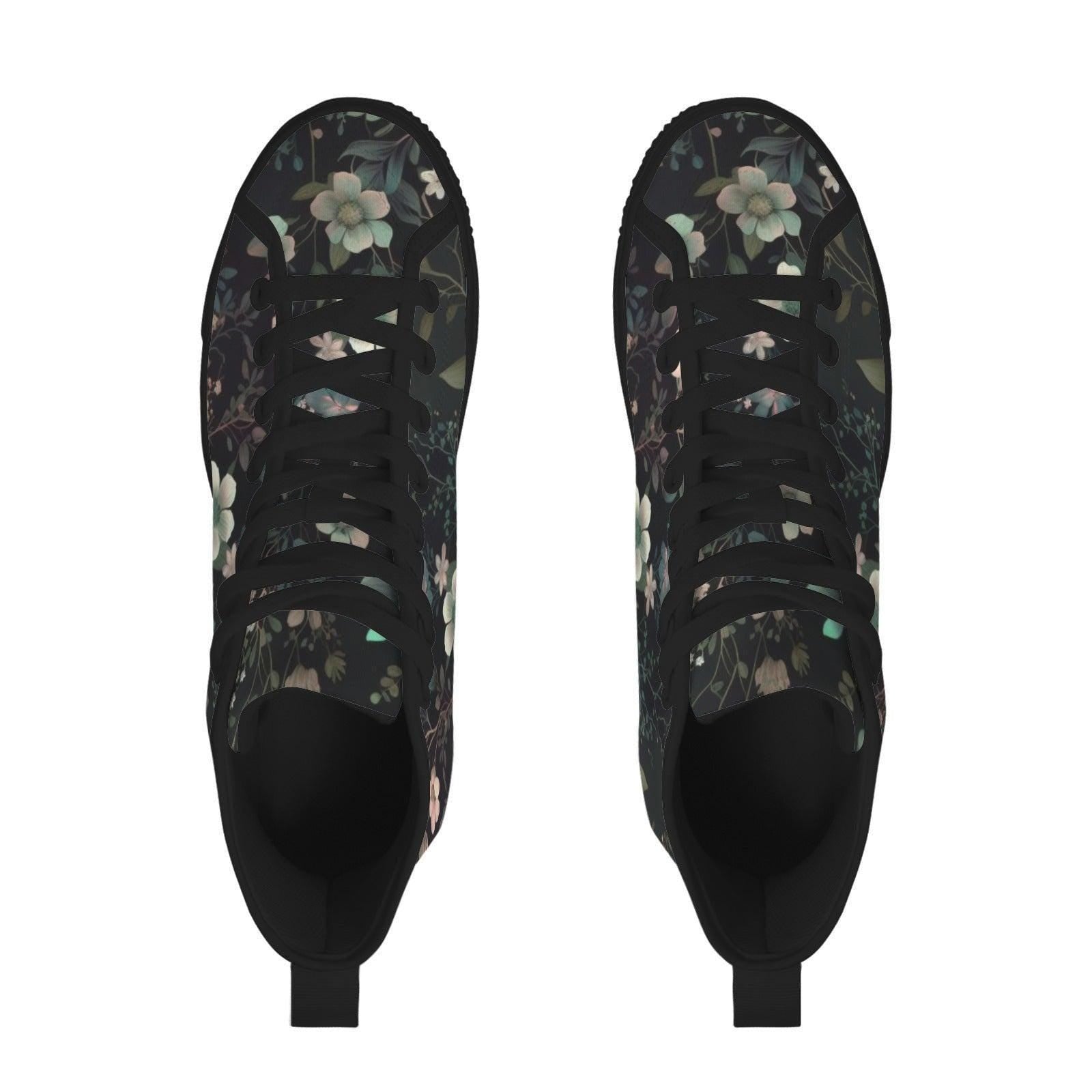 Dark Floral High Top Sneakers, Botanical Print Canvas Lace Up Shoes