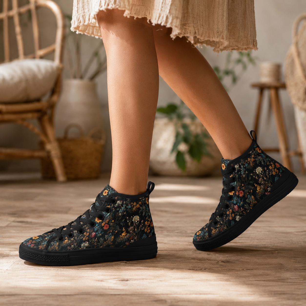 Black High Top Wildflower Sneakers, Meadow Floral Canvas Lace Up Shoes