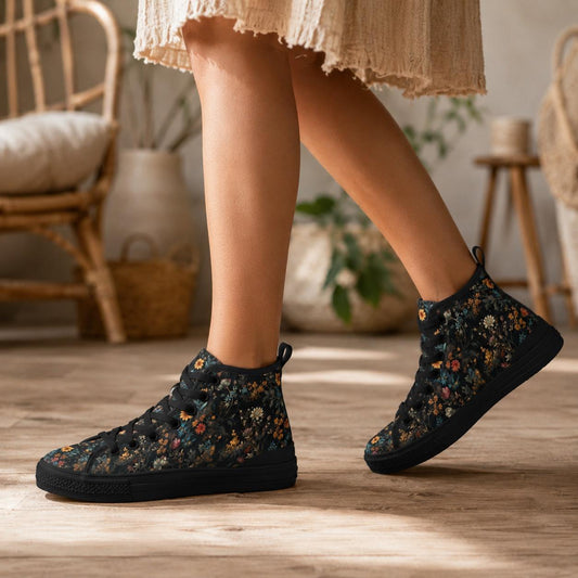 Black High Top Wildflower Sneakers, Meadow Floral Canvas Lace Up Shoes