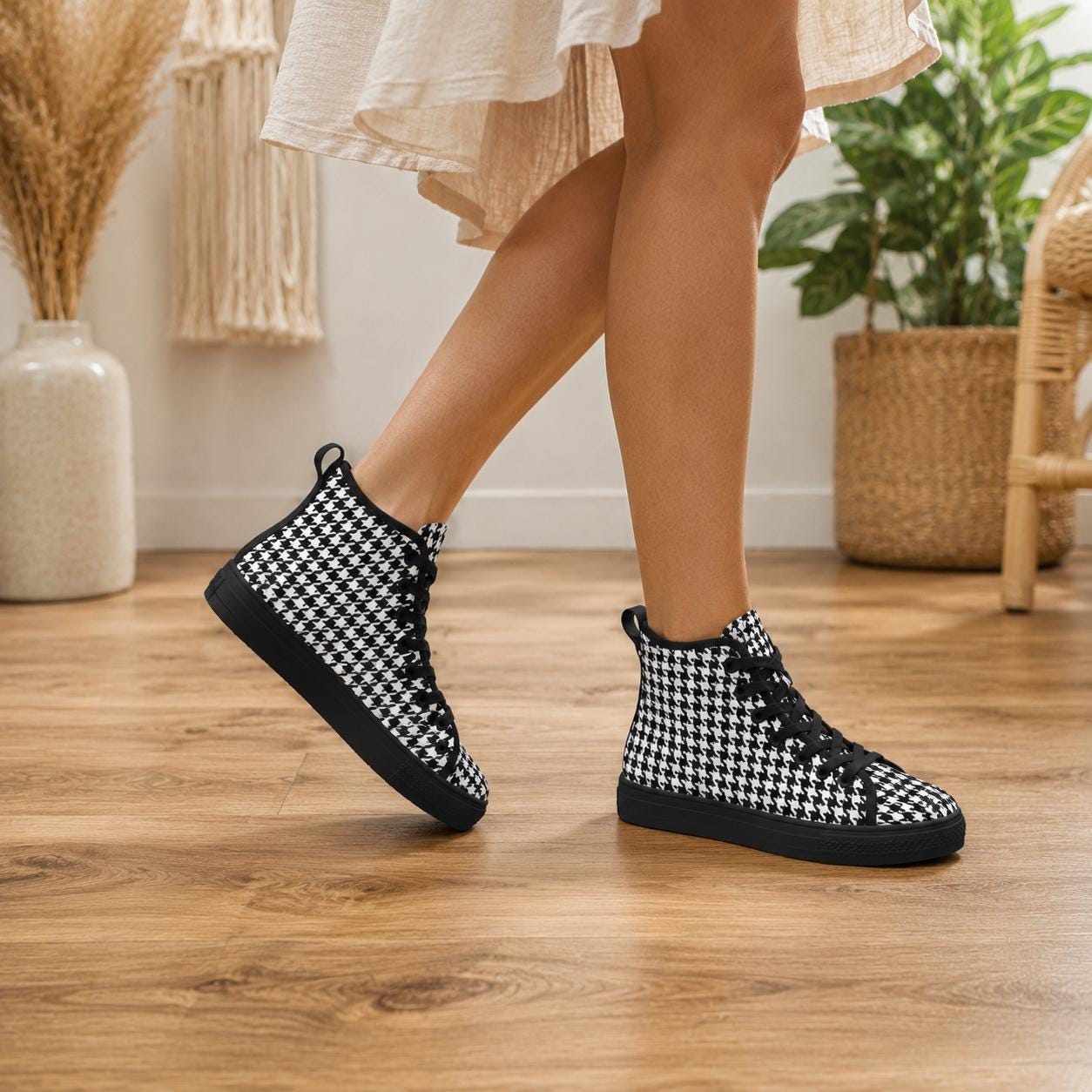 Houndstooth High Top Sneakers, Black White Retro Lace Up Shoes