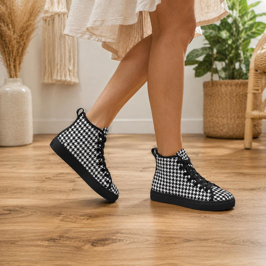 Houndstooth High Top Sneakers, Black White Retro Lace Up Shoes