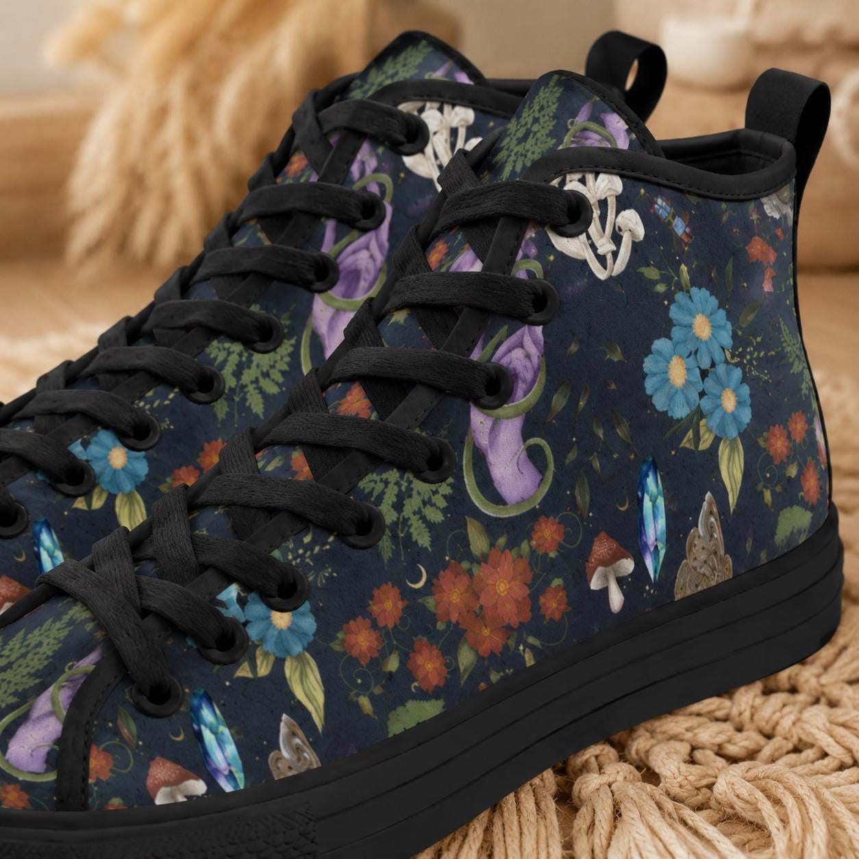 Mushroom Floral High Top Sneakers, Forest Witch Canvas Shoes, Cottagecore Festival Footwear