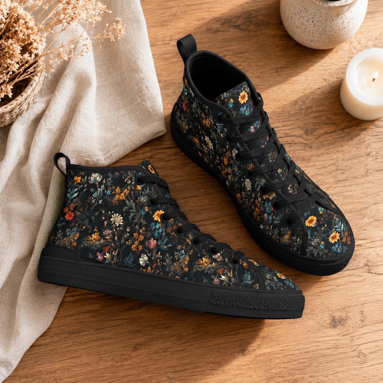 Black High Top Wildflower Sneakers, Meadow Floral Canvas Lace Up Shoes