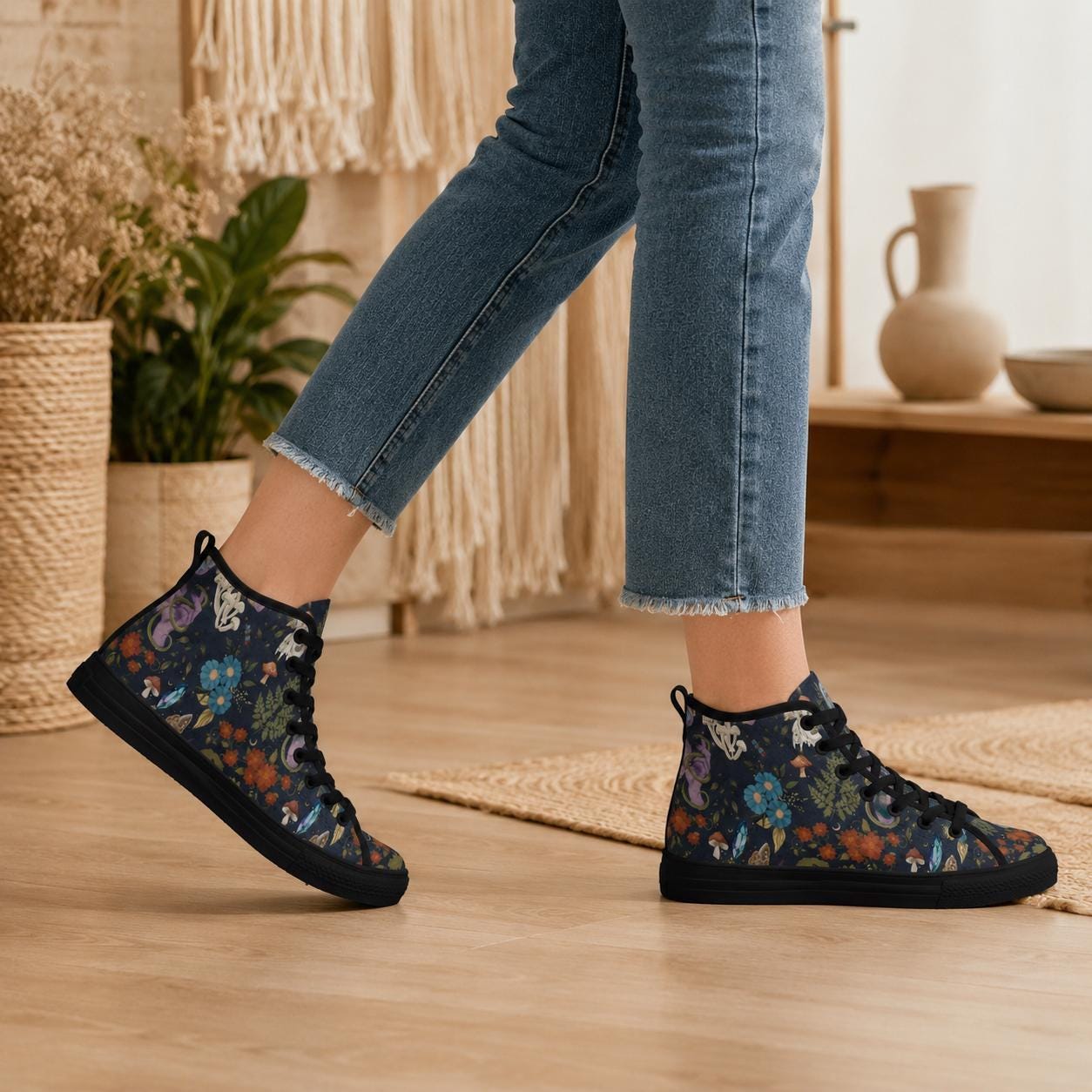 Mushroom Floral High Top Sneakers, Forest Witch Canvas Shoes, Cottagecore Festival Footwear