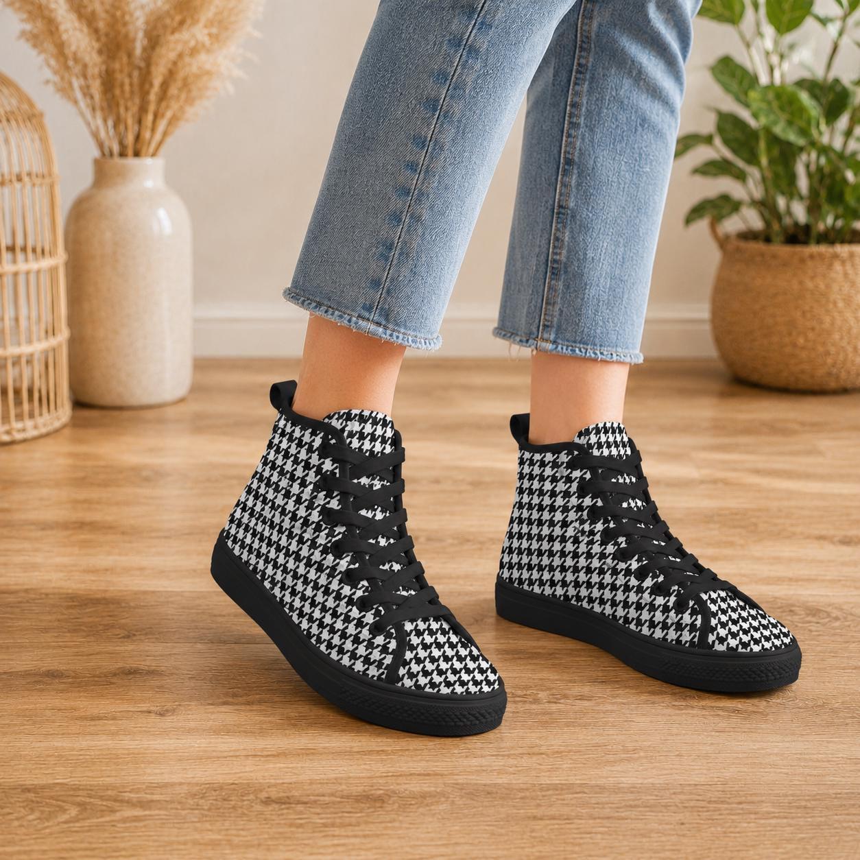 Houndstooth High Top Sneakers, Black White Retro Lace Up Shoes