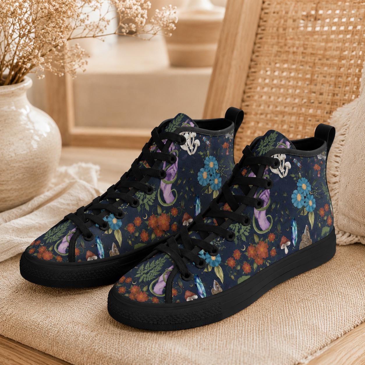 Mushroom Floral High Top Sneakers, Forest Witch Canvas Shoes, Cottagecore Festival Footwear