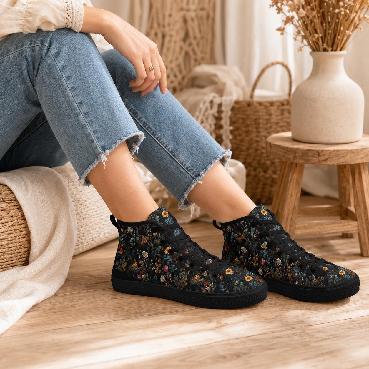 Black High Top Wildflower Sneakers, Meadow Floral Canvas Lace Up Shoes