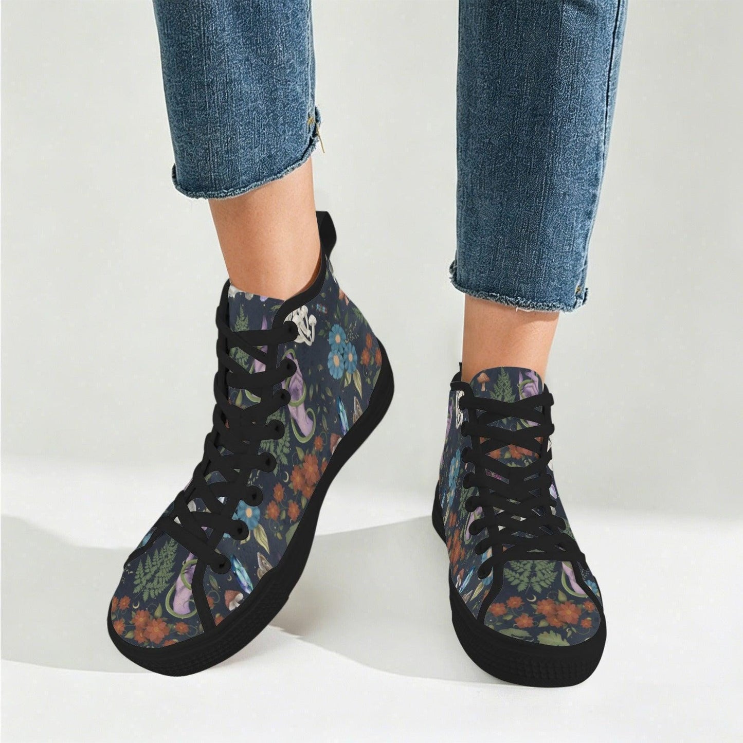 Mushroom Floral High Top Sneakers, Forest Witch Canvas Shoes, Cottagecore Festival Footwear