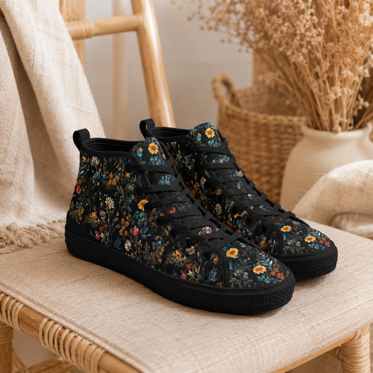 Black High Top Wildflower Sneakers, Meadow Floral Canvas Lace Up Shoes
