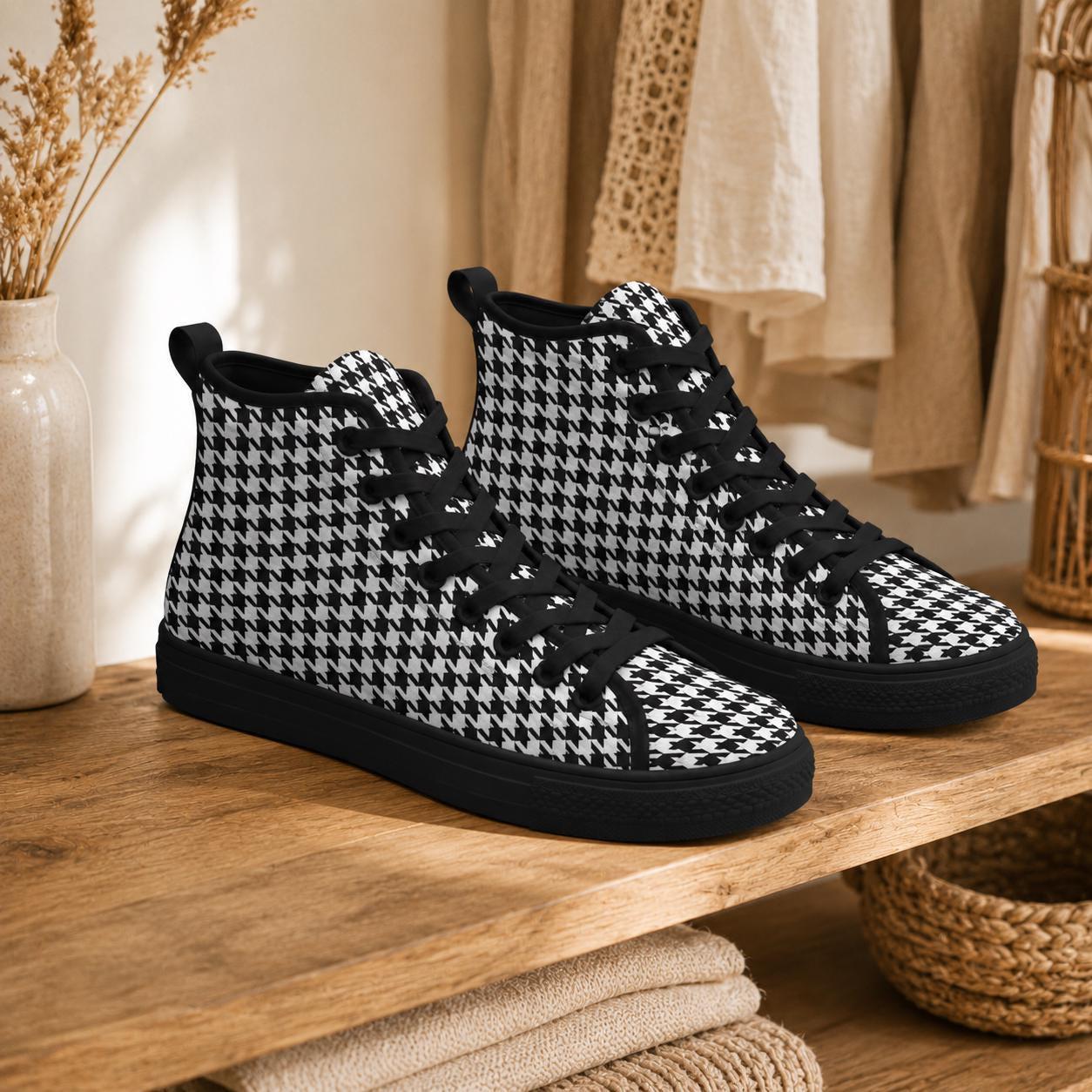 Houndstooth High Top Sneakers, Black White Retro Lace Up Shoes