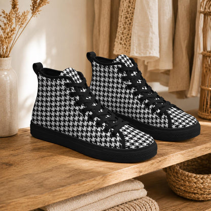 Houndstooth High Top Sneakers, Black White Retro Lace Up Shoes