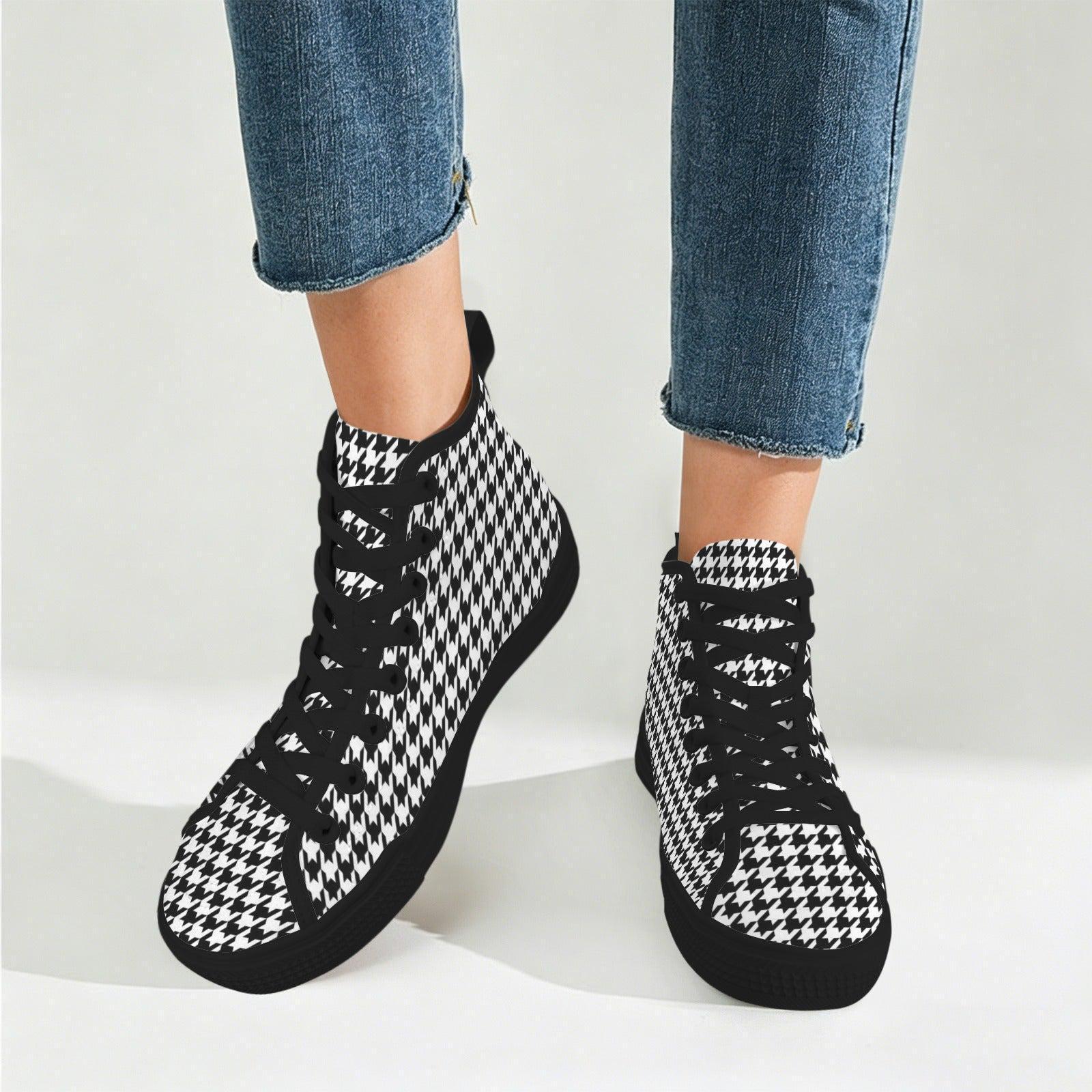 Houndstooth High Top Sneakers, Black White Retro Lace Up Shoes