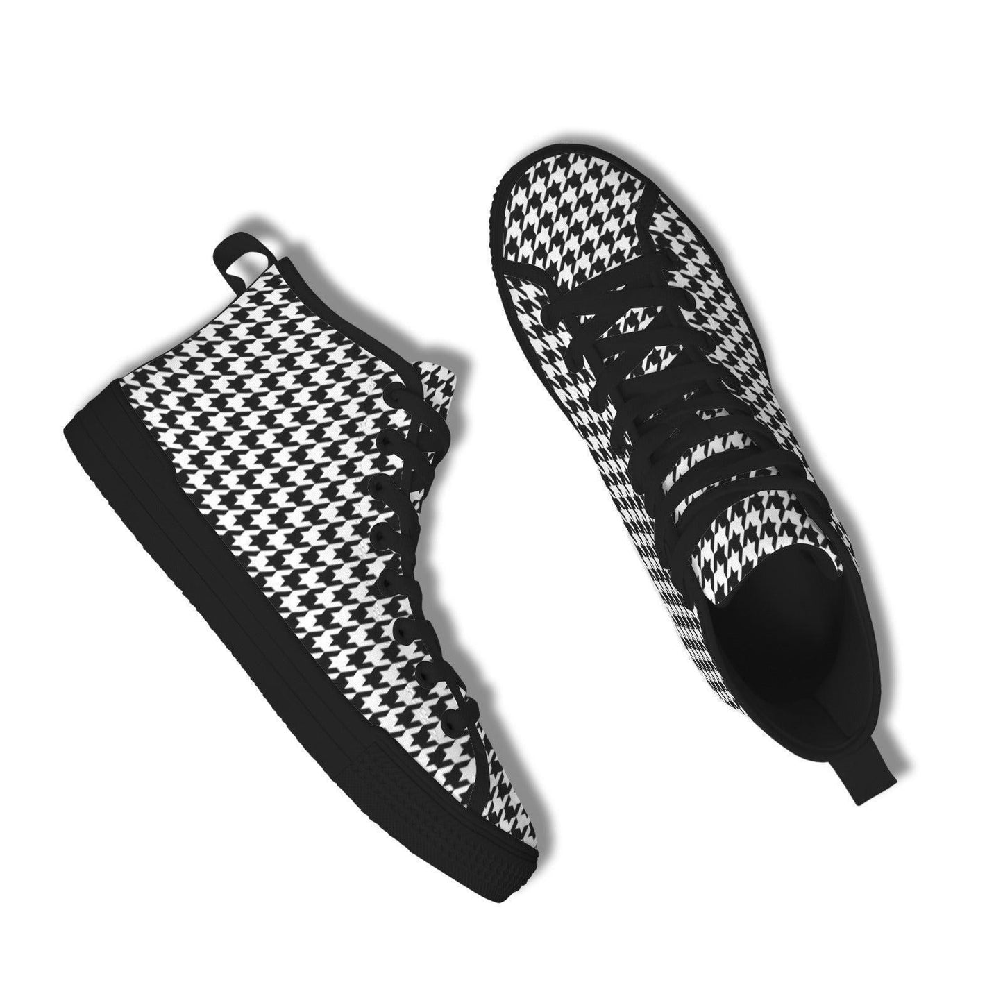Houndstooth High Top Sneakers, Black White Retro Lace Up Shoes