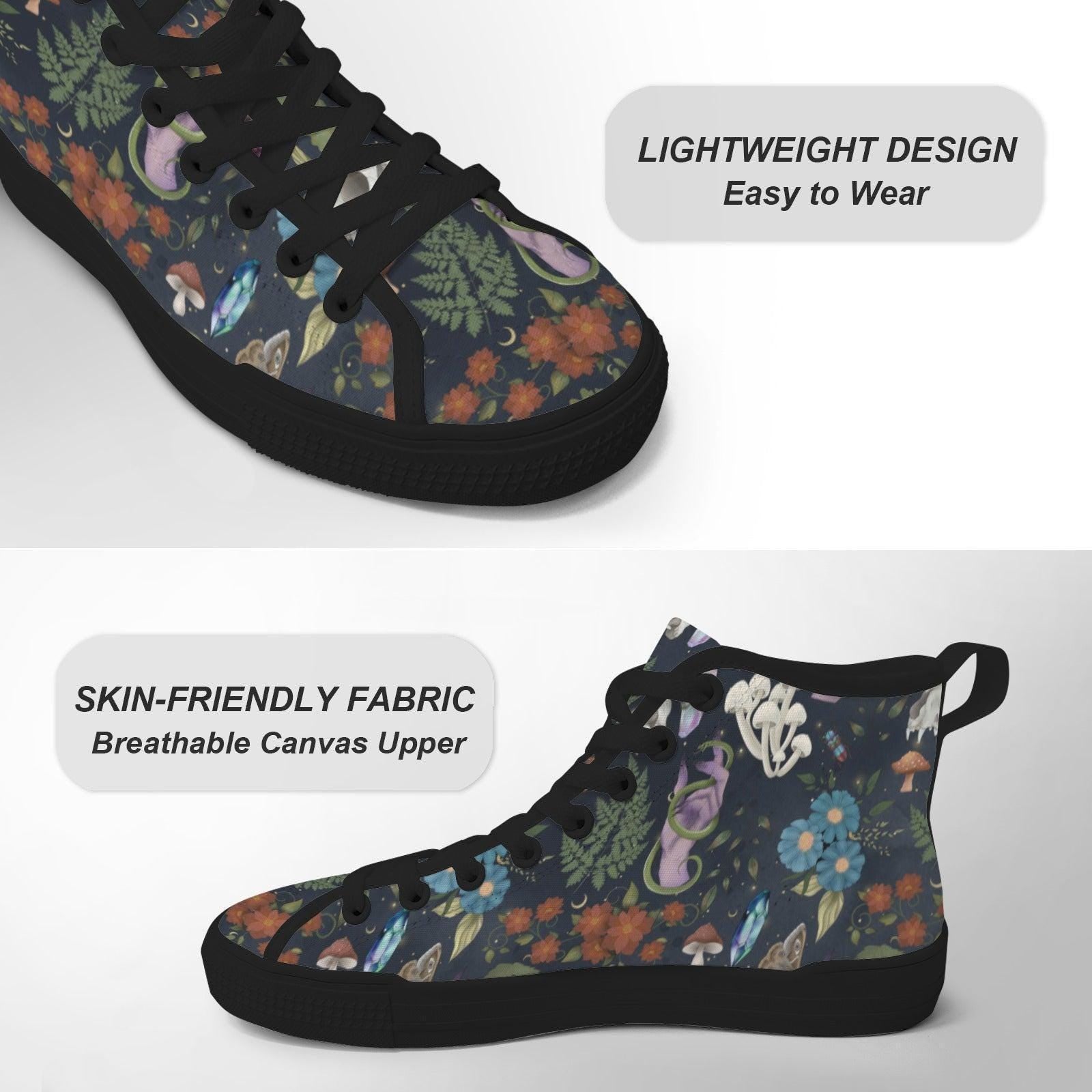Mushroom Floral High Top Sneakers, Forest Witch Canvas Shoes, Cottagecore Festival Footwear